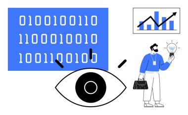 İkili kodlu göz sembolü, yukarı doğru grafiği ve profesyonel ampulü var. Veri analizi, yenilik, teknoloji, vizyon, strateji iş büyümesi ve yaratıcılık için idealdir. Basit düz metafor