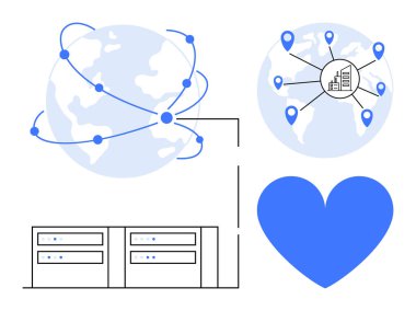Küre ağlar aracılığıyla birbirine bağlanıyor. Küresel erişimi, kalp sembolünü, sunucu birimlerini gösteren lobutlar. Teknoloji, iletişim, küreselleşme, ağ oluşturma, veri yönetimi ekip çalışması için ideal basit iniş