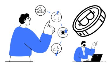 Duyusal bilgiyi konuşma, görme ve dinleme ile analiz eden kişi, kripto para hakkında işaret ederken. Finans, engelleme zinciri, iletişim, karar verme süreçleri için ideal