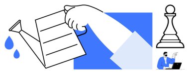 Soyut bitkinin üzerine su dökmek, stratejiyi sembolize eden satranç taşı ve takım çalışmasını simgeleyen dizüstü bilgisayarı olan kişi. Büyüme, yenilik, planlama, liderlik, strateji için ideal