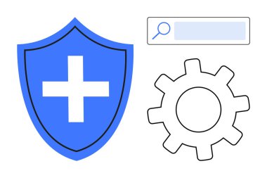 Beyaz haçlı mavi kalkan, ayarları temsil eden teçhizat ve navigasyon için arama çubuğu. Siber güvenlik, sistem yönetimi, bilişim araçları, web güvenliği, çevrimiçi destek, basit bakım için ideal