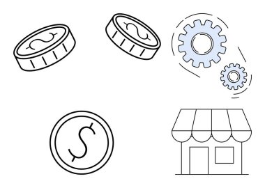 Finans, vites ve verimliliği temsil eden madeni paralar ve girişimciliği sembolize eden bir mağaza önü. İş stratejisi, girişimcilik, finans, ekonomi ve e-ticaret için ideal