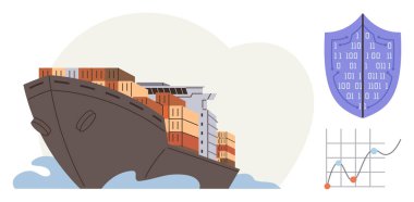 Kargo gemisi su boyunca konteynır taşıyor, siber güvenlik kalkanı veri güvenliğini ve analitik şemasını öneriyor. Lojistik, deniz ticareti, siber güvenlik, veri analizi, risk yönetimi için ideal
