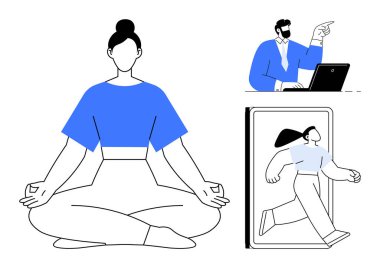 Lotus pozunda meditasyon yapan bir kadın, dizüstü bilgisayarda çalışan bir adam, akıllı telefonu tükenen başka bir figür. Farkındalık, iş hayatı dengesi, dijital detoks, üretkenlik, stres yönetimi, sağlıklı