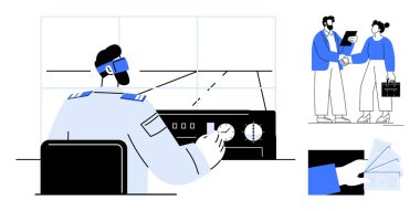 Pilot kokpitte uçak kontrolleri, bilet belgelerini tamamlayan yolcular, el sıkışma ve para değişimi. Havacılık, seyahat, profesyonellik, takım çalışması, müzakere ödemesi için ideal