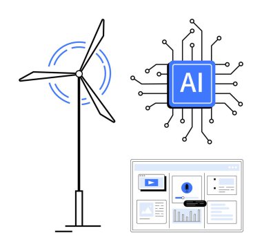 Rüzgar türbini enerji üreten yapay zeka çipi devre çizgileri ile veri işliyor ve gösterge paneli performans analizi yapıyor. Teknoloji, enerji, yapay zeka, otomasyon, sürdürülebilirlik ve yenilik için ideal