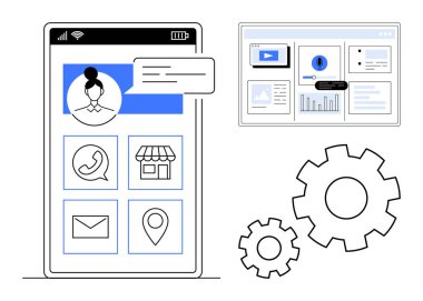 Kullanıcı profilli akıllı telefon ekranı, iletişim simgeleri, konum, çevrimiçi dükkan, ayarlar ve analitik gösterge paneli. Uygulama tasarımı, kullanıcı arayüzü, e-ticaret iletişimi geliştirme için ideal