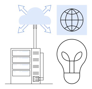 Bulut sunucu raflarına bağlanır, dünya çapında ağı simgeler, ampul yeniliği simgeler. Teknoloji, bulut çözümleri, küresel erişim, ağ oluşturma, yenilik, veri yönetimi için ideal