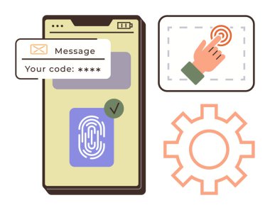 Parmak izi tarayıcılı akıllı telefon ekranı, kod giriş mesajı, tap eylem simgesi ve bir dişli. Güvenlik, kimlik doğrulama, teknoloji, mahremiyet, kullanıcı arayüzü mobil uygulamaları için ideal basit düz