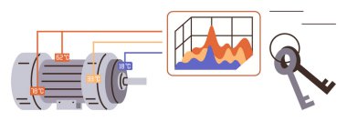 Elektrik motoru ısı okumalarına, veri analiz grafiğine ve güvenlik anahtarlarına bağlı. Otomasyon, izleme, analitik, endüstri, güvenlik teknolojisi ve güvenilirlik için ideal. Basit düz