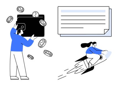 Cüzdanı bozuk para olan bir adam, bilgi için kısa not ve roket şekilli araçtaki bir kadın. Finans, teknoloji, yenilik, bankacılık, girişim ödemeleri için ideal. Basit düz metafor