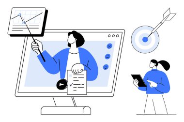Sunucu ekranda paylaşılan analitik grafiğe işaret ediyor, notları tutuyor, tabletli meslektaşı. Eğitim için ideal, takım çalışması, analitik, uzaktan çalışma, hedefler, başarı basit iniş sayfası