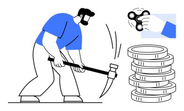 Bozuk para yığınının yanında kripto para için zemin hazırlayan işçiler, el ele tutuşup el sıkışıyorlar. Engelleme zinciri, madencilik, teknoloji, dijital ekonomi, iş-yaşam dengesi, yenilik, mali