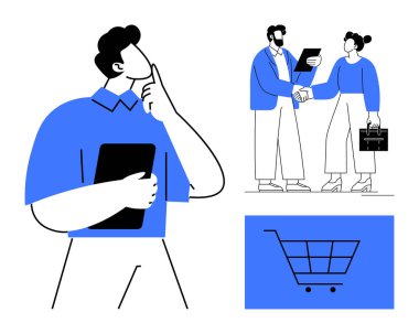 Bir tablet tutarken düşünen, profesyoneller arasında tokalaşan ve alışveriş arabası imajı olan biri. Takım çalışması, işbirliği, e-ticaret, pazarlama, ortaklık, karar verme ve perakende için ideal