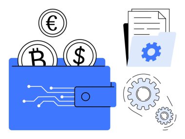 İçinde kripto para bulunan mavi cüzdan, klasördeki belgeler ve dişli mekanizmalar. Finans, engelleme zinciri, dijital ödeme, kripto para, teknoloji işletme yönetimi ve otomasyon için ideal. A