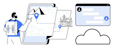 Sırt çantası işaretleri ve güzergahı olan dijital bir haritayı işaret ediyor, sohbet arayüzü görünür. Navigasyon, seyahat, teknoloji, iletişim, turizm, keşif, basit iniş sayfası için ideal