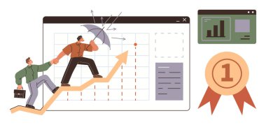 Profesyoneller şemsiye, analitik pencere ve başarı rozeti ile yukarı doğru ok grafiklerine tırmanıyorlar. Takım çalışması, koruma, liderlik, başarı, büyüme ve akıl hocalığı için ideal