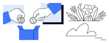 Elleri açık bir kutuya bozuk para katıyor, çiçek açıyor ve bulut büyümeyi ve potansiyeli simgeliyor. Tasarruf, finans, hayır, kitle fonlama, verme, sürdürülebilirlik, basit daire