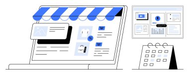 Dizüstü bilgisayar ürünleri, indirimler ve analitik gösterge panelinin yanında bir takvim. E-ticaret, dijital pazarlama, iş planlaması, çevrimiçi satış ve strateji için ideal
