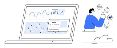 Grafikler, grafikler, veri görselleri olan dizüstü bilgisayar ekranı, analitik simgelerle etkileşen adam. Teknoloji, iş, yenilik, strateji veri yönetimi araştırma analizi için idealdir. Minimalist daire