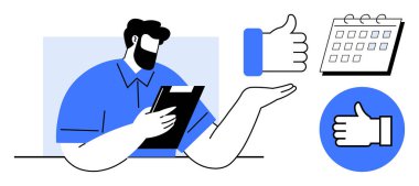 Elinde pano tutan bir adam, onay simgeleri ve takvimi simgeleyen bir takvim. Takım çalışması, üretkenlik, planlama, başarı, yönetim, geri bildirim sade iniş sayfası için ideal