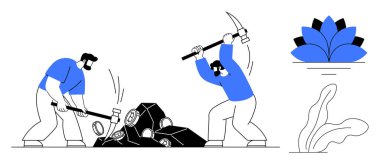 Kazma ve balyoz kullanarak taş kıran işçiler, işbirliği, kararlılık, iş gücü, verimlilik, hedef başarısı, kaynak çıkarma ve azmi vurguluyorlar. Takım çalışması için ideal