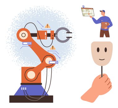 Uyarı simgelerine sahip robot kolu sinyal sorunları, uzaktan kumanda ve sorun giderme için dijital tablet tutan işçi, gizliliği temsil eden el maskesi. Otomasyon ve güvenlik için ideal
