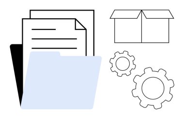 Kağıtlarla dizin, vitesler süreci sembolize eder, ve depolama veya teslim için kutu. Üretim, iş akışı yönetimi, belge depolama, dosyalama, lojistik, otomasyon sade iniş sayfası için ideal
