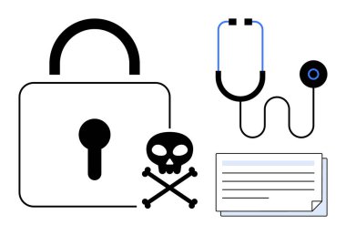 Asma kilit, kafatası ve çapraz kemikler, steteskop ve belgeler sağlık hizmetlerindeki veri güvenlik risklerini vurguluyor. Siber güvenlik, sağlık gizliliği, dijital güvenlik, hack farkındalığı, tıbbi bilgiler için ideal