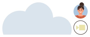 Kullanıcı avatarı ve video simgesi ile bulut grafiği, dijital depolama, bulut hesaplama ve kullanıcı içeriğini temsil ediyor. Teknoloji, veri, uzaktan çalışma, medya ve kişiselleştirme için ideal