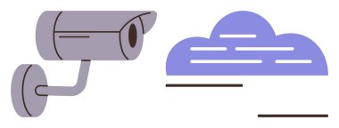 CCTV kamerası soyut bulutu gösteriyor. Bulut depolama, gözetleme ve teknoloji entegrasyonunu simgeleyen veri hatları var. Güvenlik, teknoloji, veri depolama, IOT, bulut hesaplama için ideal