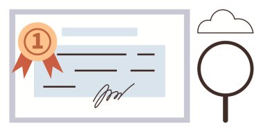 Bir numaralı rozet, imza ve belge detaylarıyla birlikte bir büyüteç ve bulut simgesine sahip ödül sertifikası. Tanınma, başarı, doğrulama, başarı, referanslar için ideal