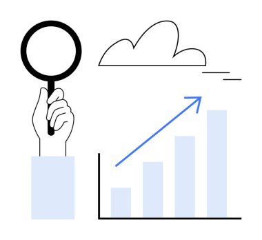 El ele tutuşan büyüteç, yukarıda bulut, ve yukarı doğru ok ile büyüme gösteren çizgi. Analiz, başarı, araştırma, ilerleme, iş stratejisi yenilik tahminleri için idealdir. Basit düz