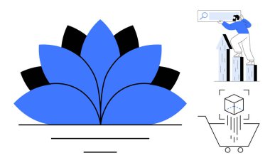 Mavi ve siyah çiçek motifi büyümeyi sembolize ediyor, insan araştırmasını çubuklarda büyüteçle yapıyor, küp sepetin içine düşüyor. Yenilik, strateji, e-ticaret, büyüme, araştırma ve soyutlama için ideal