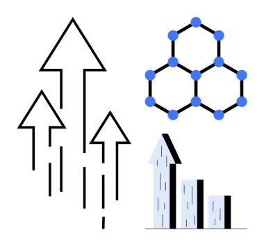 Yukarıya bakan oklar, minimalist bar tablosu ve mavi renkteki molekül ağı diyagramı büyüme, analitik ve birbirine bağlı sistemlerin altını çizmektedir. İş stratejisi, veri analizi, bilim ve yenilik için ideal