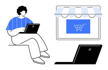 E-ticaret mağazası arayüzü ve alışveriş arabası olan bir laptop kullanan kişi. Çevrimiçi alışveriş, e-ticaret, teknoloji, iş, dijital pazarlama, uzaktan çalışma, basit düz metafor