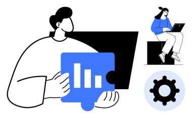 Veri bulmacası parçası tutan kişi, dizüstü bilgisayarda çalışan kadın, dişli ikonu. İş stratejileri, takım çalışması, veri analizi, problem çözme, üretkenlik, hedef planlaması için ideal basit düz metafor