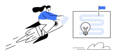 Roketteki kadın hızı, hedeflere doğru ilerlemeyi temsil ediyor. Fikir lambası ve yolda yenilik sinyalleri var. Yaratıcılık, başarı, strateji, girişimcilik, kararlılık, gelecek için ideal