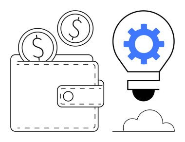 Birikimleri simgeleyen bozuk paralarla dolu cüzdan, yenilik getiren dişli ampul, fikir üretimi ve finansal çözümleri taşıyan ampul. Yatırım için ideal, başlangıç finansmanı, yaratıcılık, iş planlaması