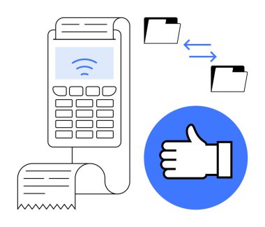 Ödeme terminali basım makbuzu, oklu dijital dosya değişimi, mavi çemberli baş parmak. Finans, e-ticaret, dijital işlemler, teknoloji, veri paylaşımı, müşteri onayı için ideal