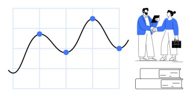 Veri noktaları ve birbiriyle etkileşen, tokalaşan, fikir ve raporları paylaşan iki profesyonelin çizelgesi. Takım çalışması, iş büyümesi, veri analizi, işbirliği, planlama, araştırma için ideal