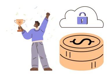 Zafer hatırası toplayan kişi, güvenli bulut kilidi ve dolar desteli paralarla birlikte. Başarı için ideal, finansal ödül, güvenlik, veri koruması, dijital bankacılık, bulut teknolojisi, basit daire