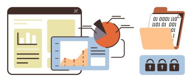 Grafik ve pasta grafikleri olan gösterge paneli, ikili kodlu dijital klasörü aç, üç asma kilit. Analiz, siber güvenlik, veri yönetimi, teknoloji, mahremiyet, bilgi güvenliği sektörü için ideal