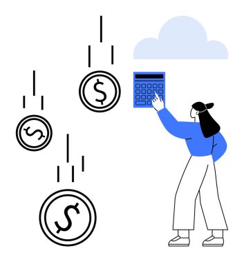 Kadın, madeni paralar düşerken hesap makinesi kullanıyor, mali planlamayı, geliri, bütçeyi, hesaplamayı, tasarrufu, yatırımları, dijital ekonomiyi sembolize ediyor. Ekonomi teknolojisi için ideal