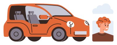 Gülümseyen bir bireyin yanında kullanıcı bağlantısından bahseden turuncu bir araba. Sürüş paylaşımı, araba kullanımı, kişisel ulaşım, otomobil hizmetleri, taşınabilirlik teknolojisi, kullanıcı profilleri, basit düz metafor