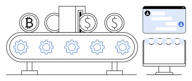 Taşıyıcı bant işleme Bitcoin ve dolar sikkeler, ekranda sohbet arayüzü ve defter. Kripto para birimi, otomasyon, teknoloji, finans, fintech, yapay zeka sade iniş sayfası için ideal