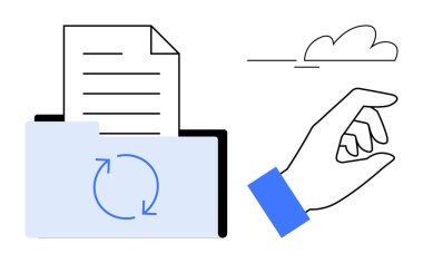 Klasör ve belge üzerinde dönen oklarla el yapımı seçim hareketi senkronizasyonu sembolize eder. Bulut depolama, dosya yönetimi, veri paylaşımı, yedekleme, dijital organizasyon ve teknoloji için ideal