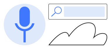 Mikrofon simgesi, arama çubuğu ve bulut sembolize eden ses teknolojisi, arama motorları ve bulut bilgisayarı. Teknoloji, iletişim, yenilik, yapay zeka erişilebilirlik araştırması ve basit bir
