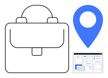 Siyah evrak çantası, konum için mavi harita iğnesi, dijital web sayfası tasarımı. İş, navigasyon, iş, seyahat, dijital araç organizasyonu için idealdir. Temiz modern düz metafor