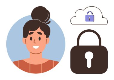 Pastel çerçeveli kadın portresi. Bulutun yanında kilit ve asma kilit var. Çevrimiçi güvenlik, kimlik, veri koruması, kişisel mahremiyet, siber güvenlik, dijital güvenlik, dijital güvenlik için ideal